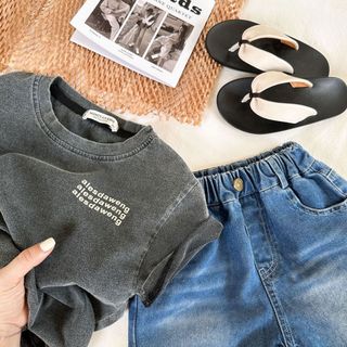 Bé Trai Rửa Nước Đau Khổ Đen Nguyên Chất Cotton Ngắn Tay Áo Thun Đẹp Trai In Chữ Nửa Tay Top