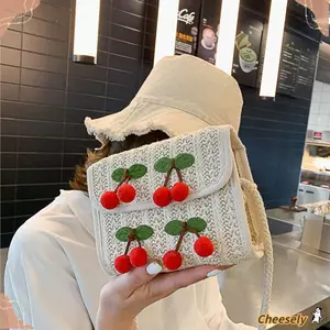 Túi xách nữ CHEESELY, Túi đeo vai thoải mái bằng rơm dệt, Túi đeo vai nữ họa tiết anh đào dung tích lớn dành cho nữ