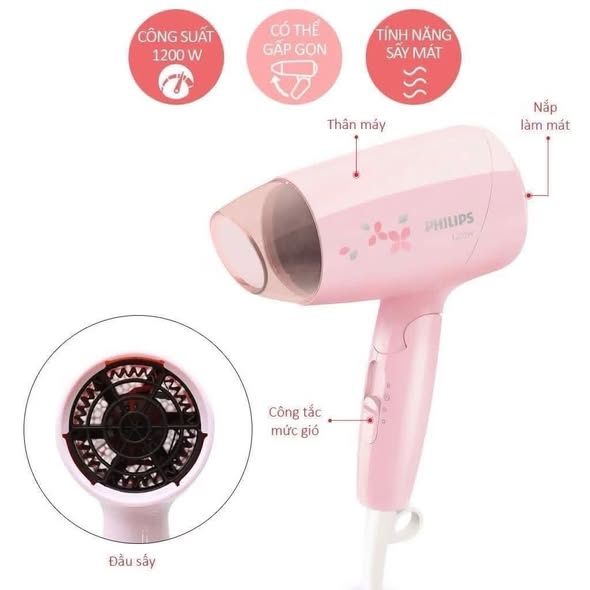 Máy Sấy Tóc Philips BHC010 Chính Hãng, Công Suất 1200W, Nhỏ Gọn Tiện Lợi