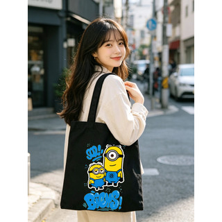 Túi tote đen in Minions phong cách graffiti, đeo vai dung tích lớn, đi học, mua sắm tái sử dụng, nhiều lựa chọn