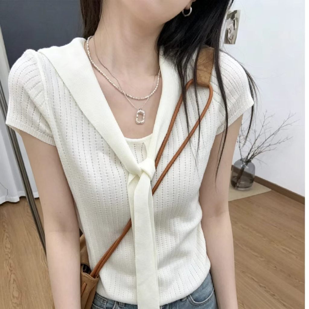 SUXI Áo thun dệt kim ngắn tay màu trơn nhẹ nhàng dành cho nữ mùa hè mới 260514