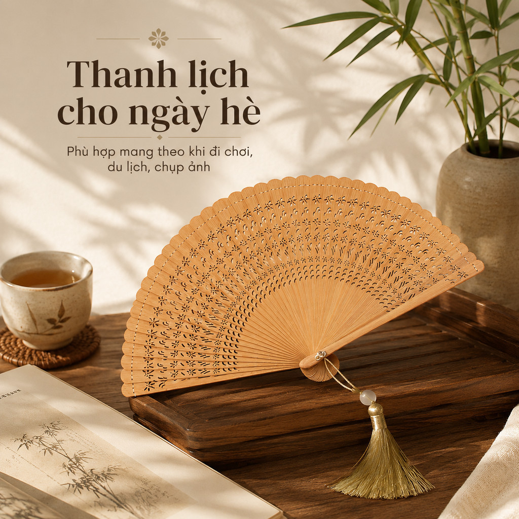 Quạt Gập Cổ Trang Cầm Tay Bằng Tre – Mini Gấp Gọn, Đạo Cụ Chụp Ảnh, Quà Tặng Xinh Xắn