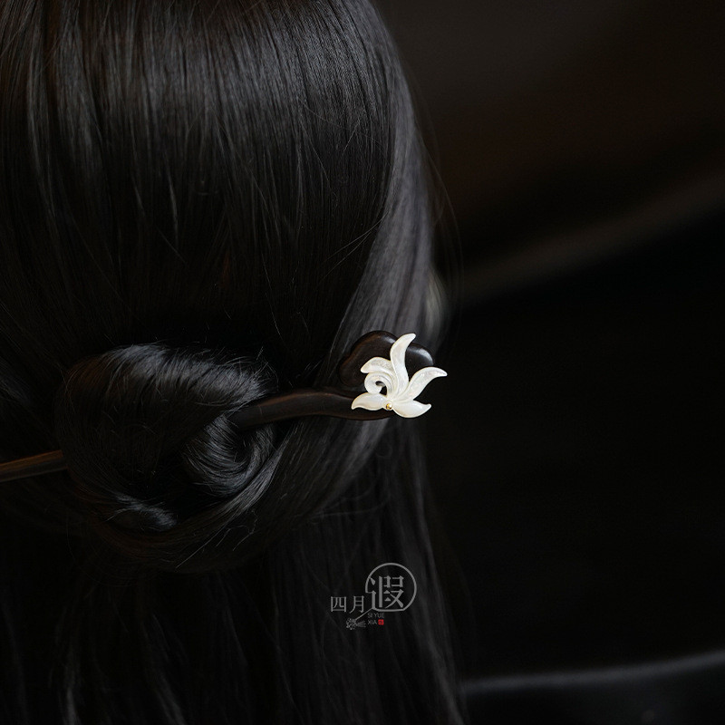 WHX-White Shell Orchid Ebony Kẹp tóc đơn giản đeo hàng ngày