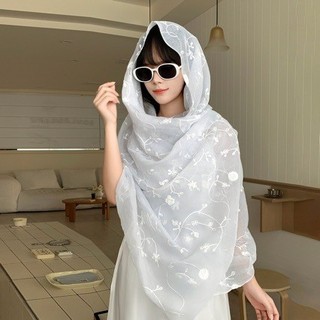 Khăn choàng thêu phong cách dân tộc có nút buộc, khăn đi biển chống nắng mùa hè mỏng, khăn lụa du lịch màu trắng dành cho nữ