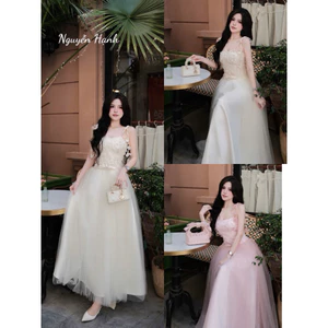 ĐẦM REN 2 DÂY ĐÍNH HOA NỔI NƠ EO TÙNG LƯỚI XOÈ DÀI BYJOLIE