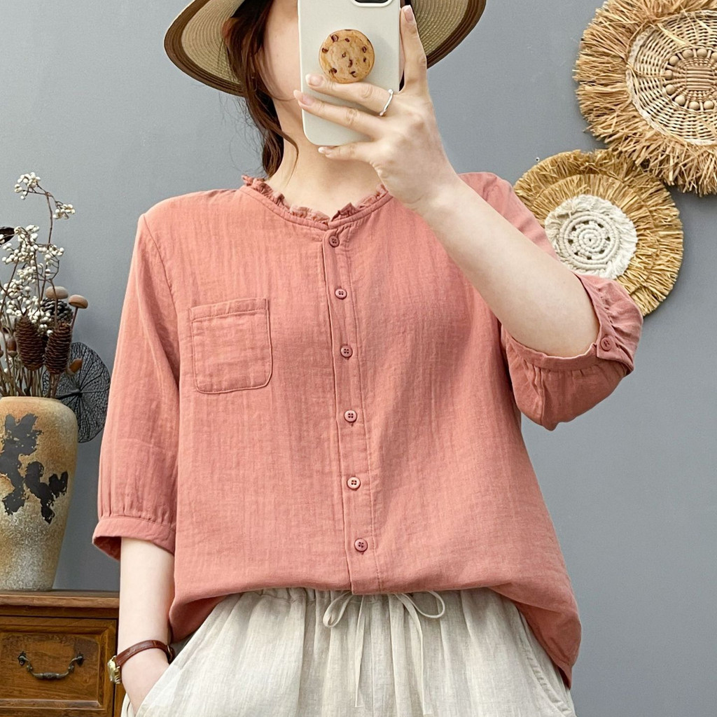 [Hàng có sẵn] Áo sơ mi nữ chất liệu 100% Cotton mềm mại, cổ ren đơn giản, tay vừa, màu trơn