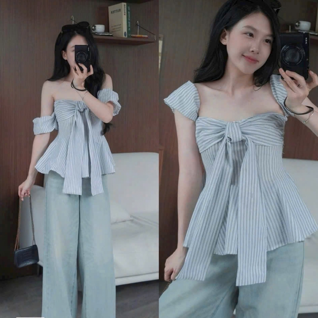 Áo trễ vai tay bồng (có mút ngực) dáng xòe thắt nơ to trước ngực phong cách sexy tiểu thư GU STORE