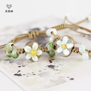 Vòng tay gốm lá hướng dương boho có thể điều chỉnh, quà tặng độc đáo dành cho nữ