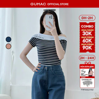 Áo thun nữ GUMAC kiểu lệch vai tay ngắn màu xanh sọc ngang thêu chữ  LAF0815
