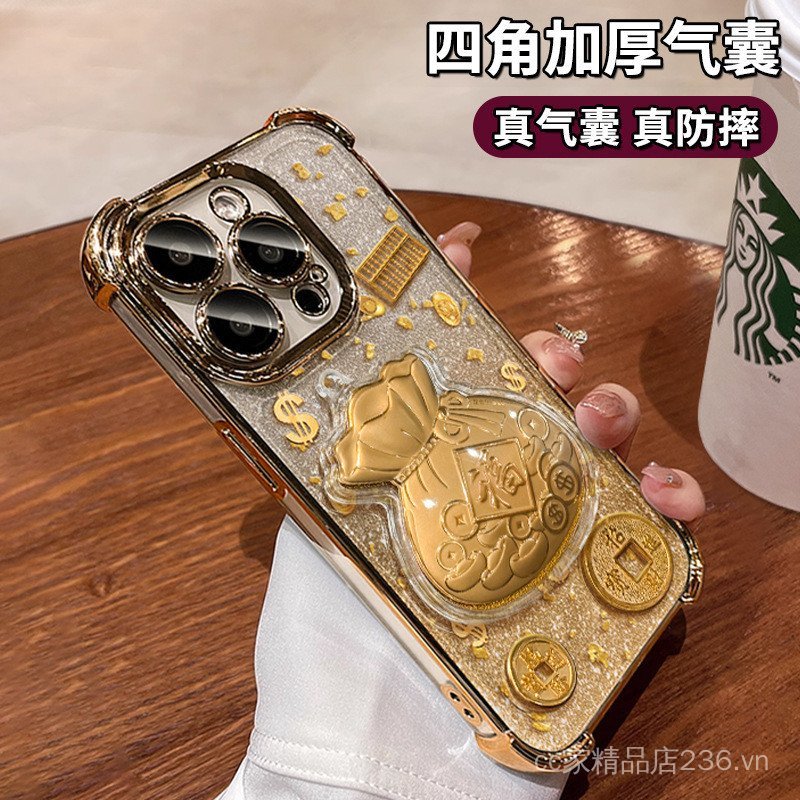 Miếng Dán Túi May Mắn Lá Vàng Thích Hợp Cho Vỏ Điện Thoại 16promax iphone17 Series Trong Suốt 15 Mạ Điện Chống Sốc