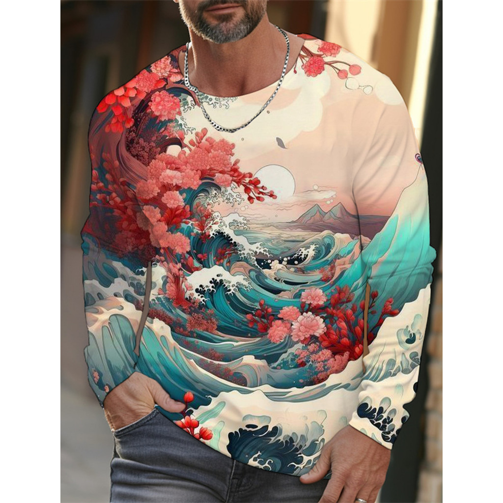 Áo thun nam dài tay in 3D Ukiyoe Wave Cat | Phong cách mùa thu 2025