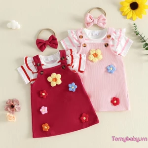 Bộ áo liền quần sọc cổ tròn 3 mảnh dành cho bé gái + Váy tổng thể hoa + Bộ băng đô
