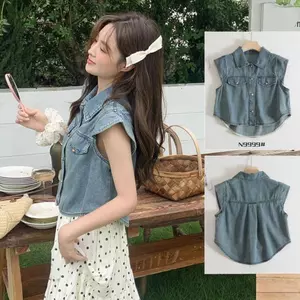 Áo sơ mi Denim thời trang ngắn dáng rộng mùa hè phù hợp với mọi phong cách Hồng Kông