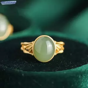 Bluelover Cổ Vàng Màu Thủ Công Kẻ Sọc Xanh Hình Bầu Dục Hotan Ngọc Tre Sáng Tạo Mở Có Thể Điều Chỉnh Nhẫn Nữ Thanh Lịch Cổ Điển Trang Sức Mới