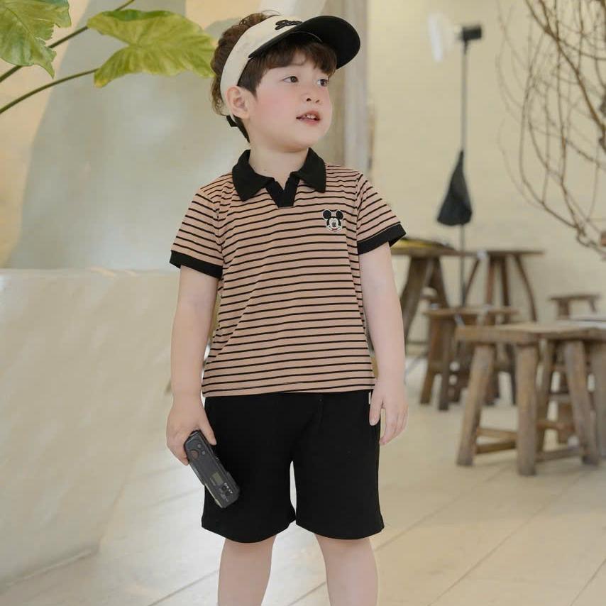 Bộ quần áo cộc tay KẺ NGANG IN HÌNH GẤU cho bé trai,  Bộ quần áo chất COTTON thoải mái cho bé