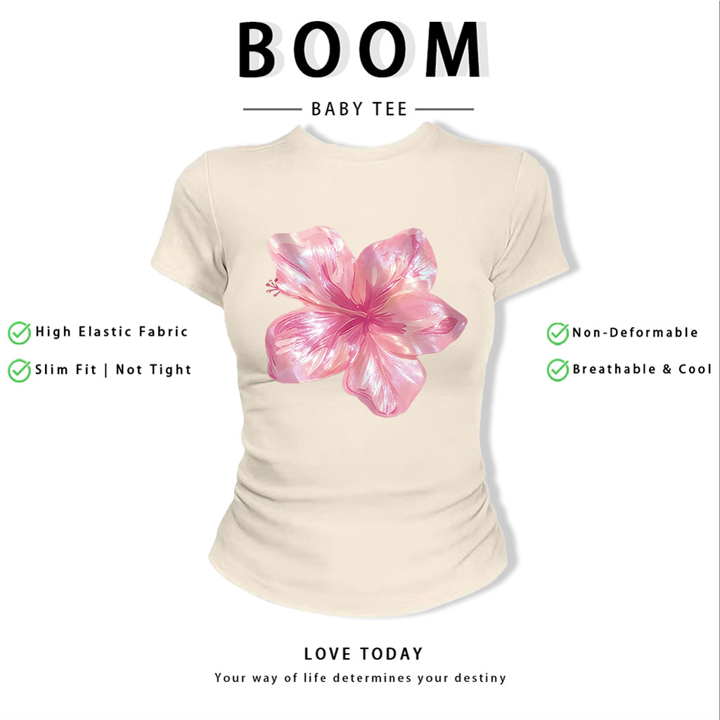 BOOM Áo Baby Tee Nữ Cotton Ôm Body-Áo Thun Ngắn Tay Y2K In Hình PhongCách Mùa Hè, Cổ Tròn Hàng Đầucách hàn quốc phongC46
