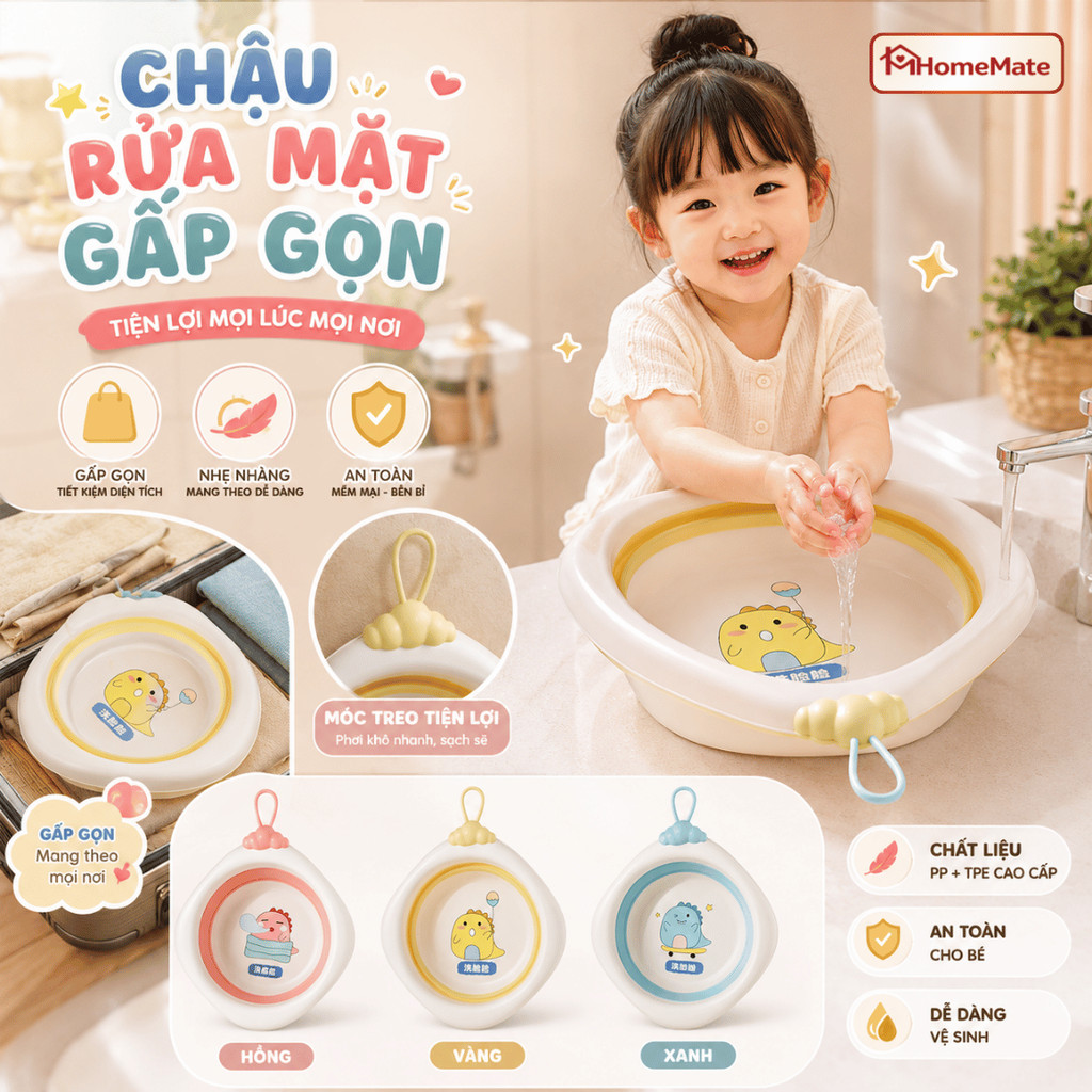 Chậu Rửa Mặt Gấp Gọn Cho Bé HomeMate – Thau Nhựa PP + TPE Cao Cấp, An Toàn Cho Bé Sơ Sinh