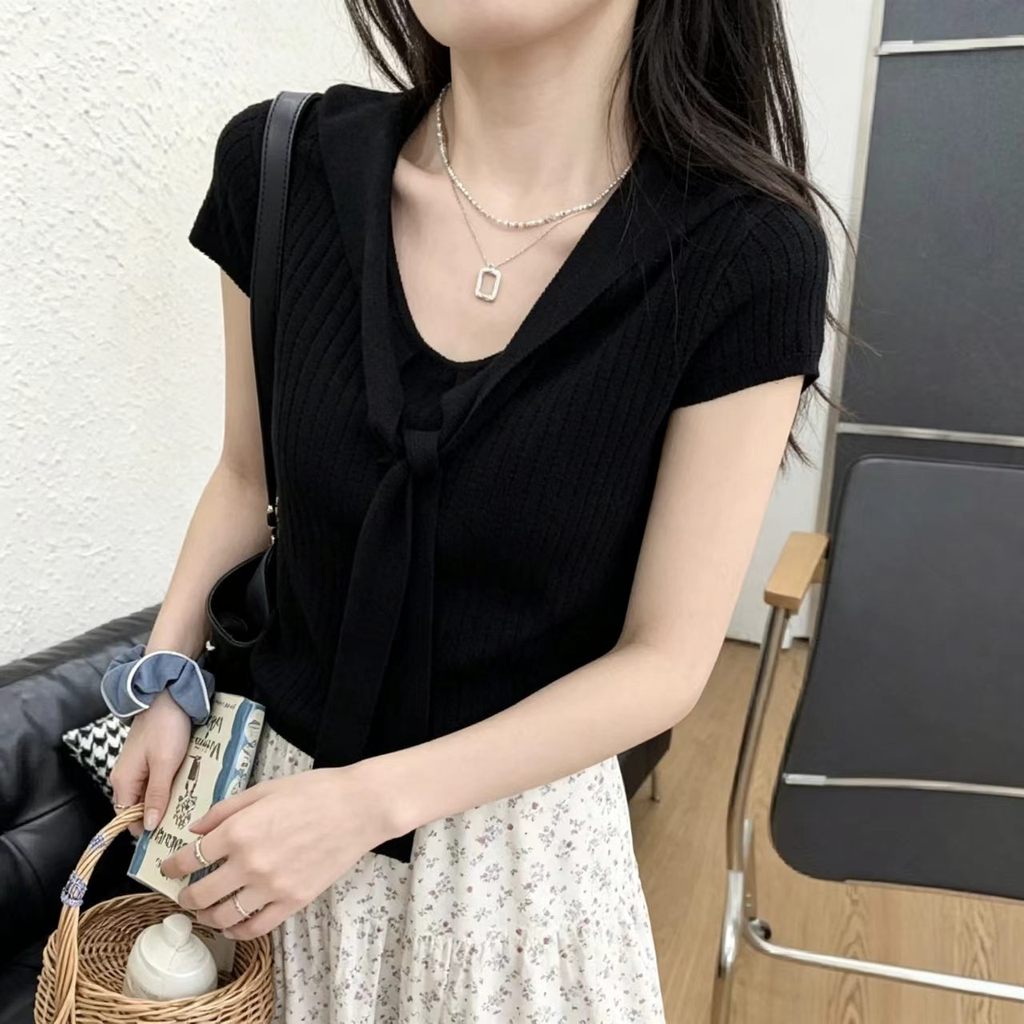 SUXI Áo thun dệt kim ngắn tay màu trơn nhẹ nhàng dành cho nữ mùa hè mới 260514