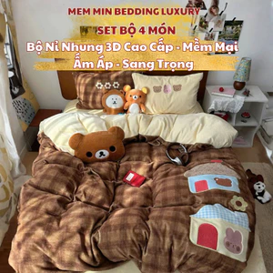 Bộ nỉ nhung 4 món Memminbedding Luxury chất liệu ấm áp, họa tiết 3D thêu nổi, không bám lông, giữ ấm tốt