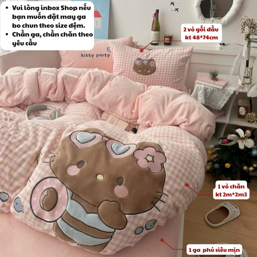 (SGN384) Bộ nỉ nhung 4 món Memminbedding Luxury chất liệu ấm áp, họa tiết 3D thêu nổi, không bám lông, giữ ấm tốt