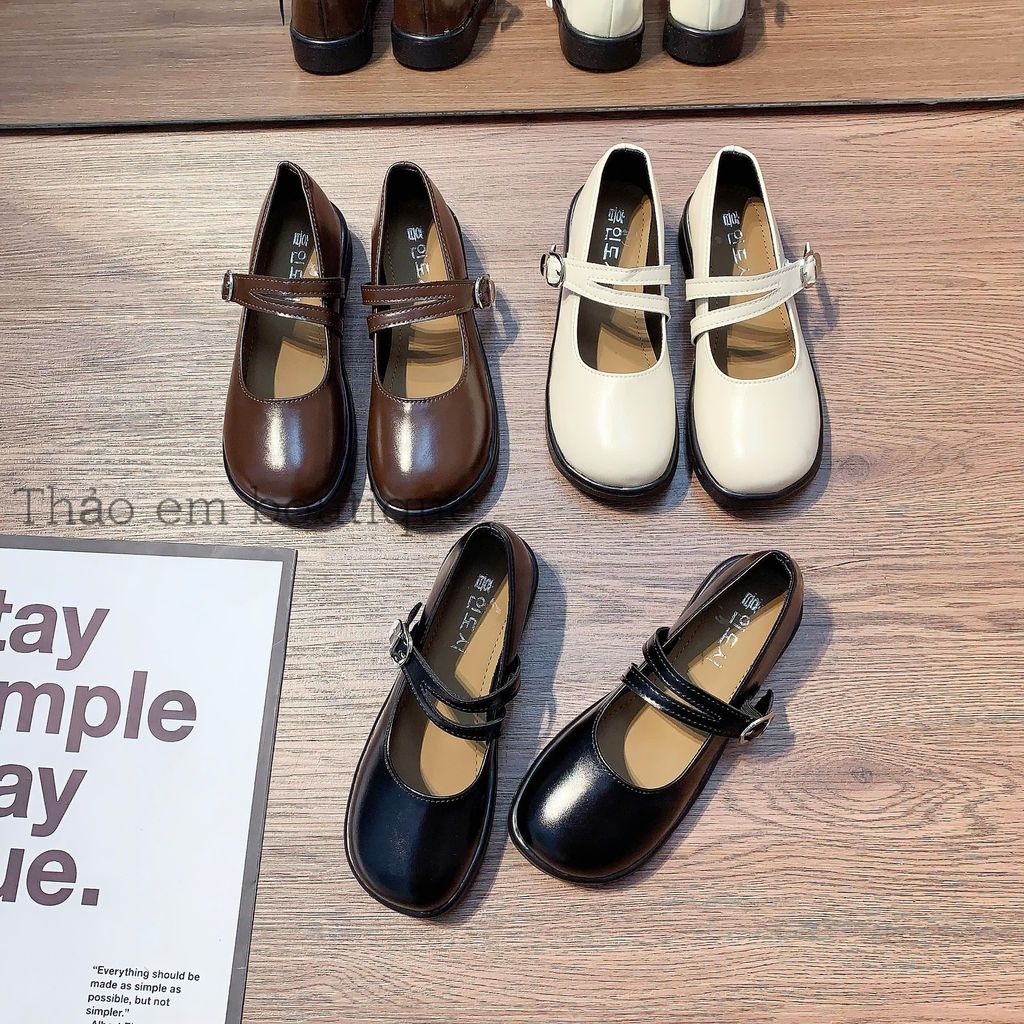 [Thảo Em - BB43 ] Giày búp bê lolita cách điệu 2 quai chéo cài khuy thời trang cao 1-2cm ( Full Hộp )