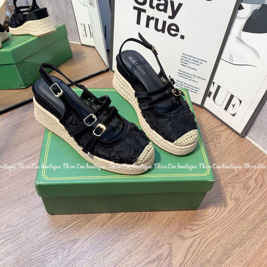 [Thảo Em - XD78-5] Sandal xuồng nữ quai hậu ren lưới đế cao su non giả cói 7cm mẫu mới