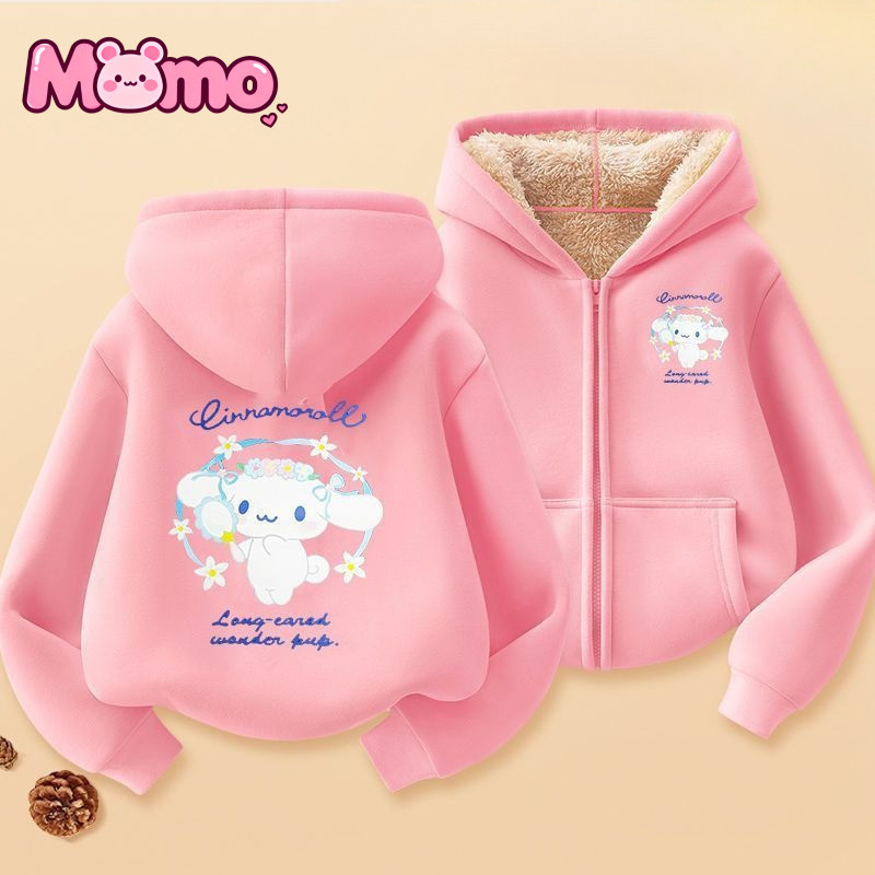 Giai Điệu Mới, Cinnamoroll Họa Tiết In Hình Dây Kéo Áo hoodie Cho Bé Trai Và Bé Gái Cùng Phong Cách Bông Tai Kẹp Giải Trí Lót Lông Cừu Ấm Áp Có Mũ Trùm Đầu Dài Tay
