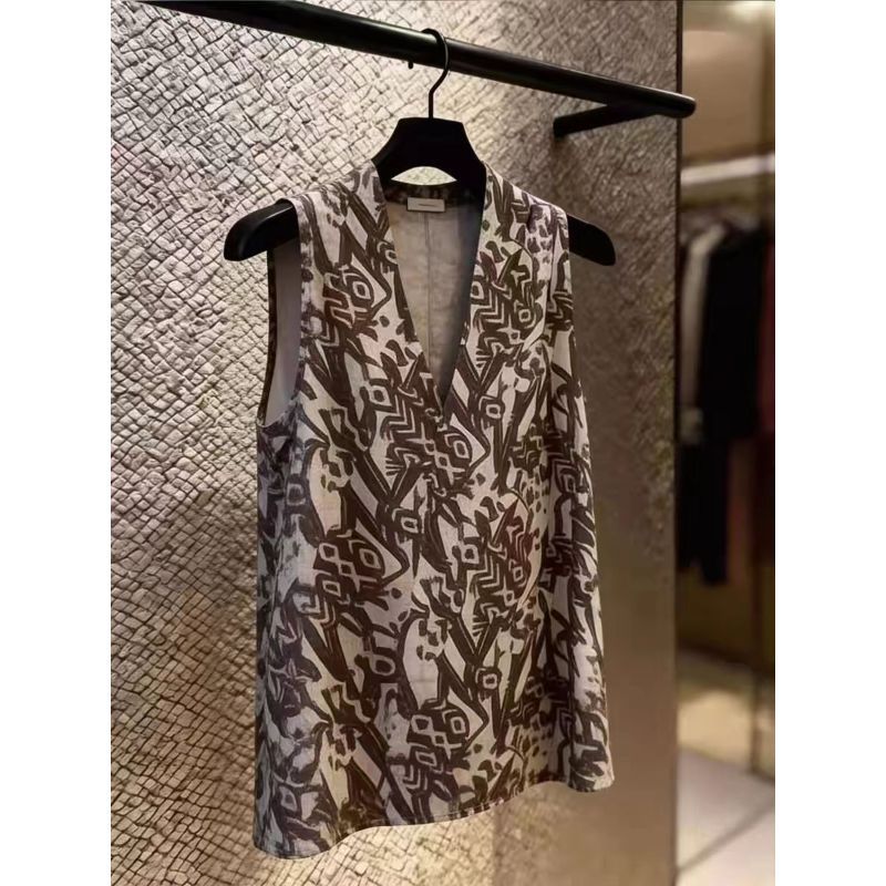 [Giảm giá 50%] Mặc áo Vest cổ chữ V in kiểu Pháp Áo sơ mi nhỏ không tay phong cách mới phù hợp cho nữ