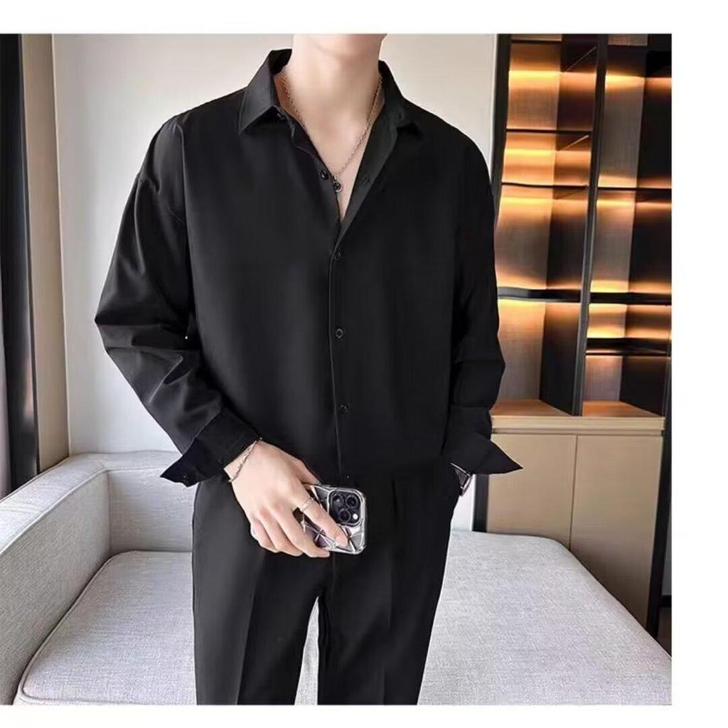 Drape Đen Ice Silk Áo Sơ Mi Tay Ngắn Nam Xù Đẹp Trai Mùa Hè Hợp Thời Trang Thường Ngày Rời Áo Sơ Mi Trắng Áo Khoác Top Chống Nhăn PI9I