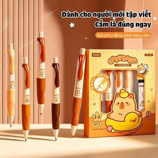 Bút Chì Kim Set 4 Bút Chì Bấm 2.0mm Cho Bé Lớp 1, Kèm Tẩy Capybara Cute Học Tập