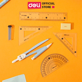 Bộ Dụng Cụ Học Sinh Deli 7 Món Cao Cấp – Gồm Compa, Thước Kẻ, Eke, Tẩy, Ngòi Chì Hộp Nhựa Bền Đẹp