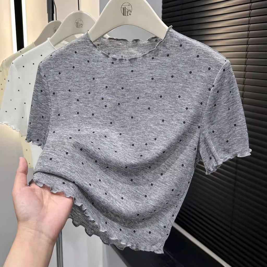 [Hàng Mới Về] Mùa Hè Mỏng Phong Cách Chấm Bi Nấm Cạnh Mặt nạ Tay Ngắn Mỏng Áo Thun Ngắn Top Nữ