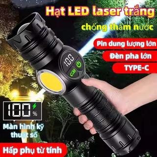 Đèn pin LED laser trắng thông minh màn hình kỹ thuật số COB chiếu sáng cạnh bên, nguồn sáng kép, chống nước