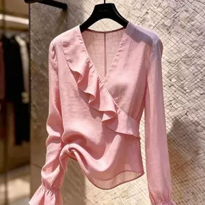 Áo sơ mi cổ chữ V màu trắng Niche cao cấp mùa hè Slimer Look dài tay Top nữ