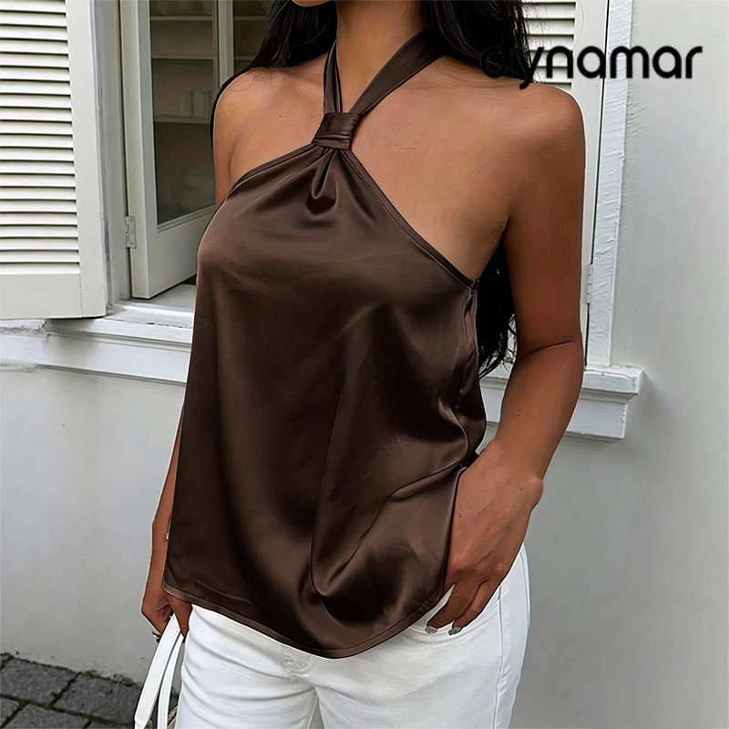 【dynamar】Áo vest gợi cảm chất liệu satin kiểu yếm dành cho nữ hở lưng buộc dây sành điệu thời trang