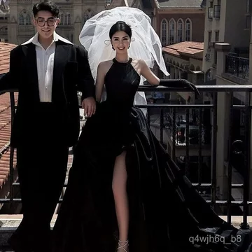 Váy Cưới Đen Cổ Yếm Vải Phi Bóng Cho Nữ Chụp Ảnh Cưới Đường Phố Ngoại Cảnh