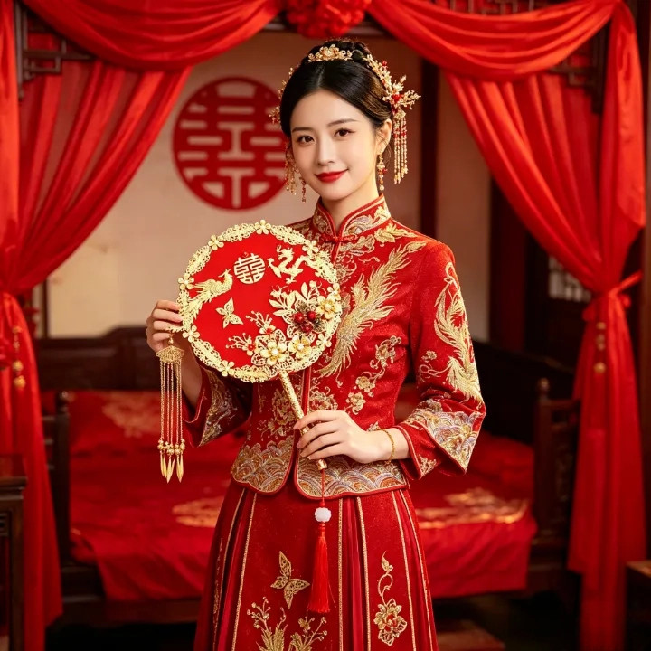 Quạt tay cưới hỏi phong cách trung quốc dành cho tân nương Phụ kiện lễ cưới, Quạt cô dâu, Thủ công