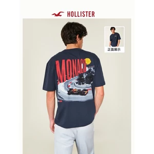 Hollister 200GSM American retro cotton đua hình bóng áo thun ngắn tay in lớn mặc nam