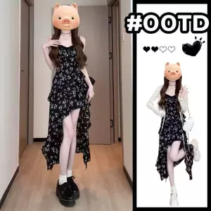 Váy yếm in hoa không đều màu đen dành cho nữ, váy dài