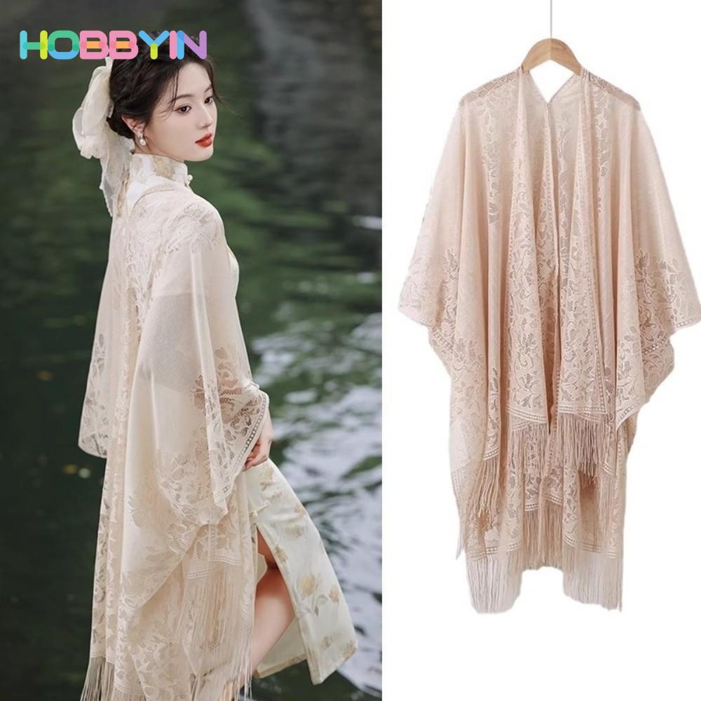 Áo len Cardigan ren HOBBYIN, Khăn choàng ren dài màu tinh khiết, Áo choàng cổ lụa Vải lanh Cotton mỏng móc Openwork Nhẹ Drapey Rỗng Khăn choàng thời trang che đậy