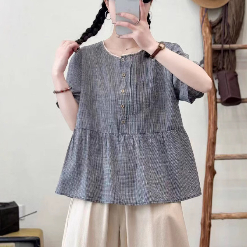 [Sẵn Sàng] Áo Sơ Mi Nữ Sợi Cotton Cao Cấp Mùa Hè Mới Ren Kẻ Sọc Hàn Quốc Cổ Tròn Tay Ngắn Rời Áo Sơ Mi Thường Ngày