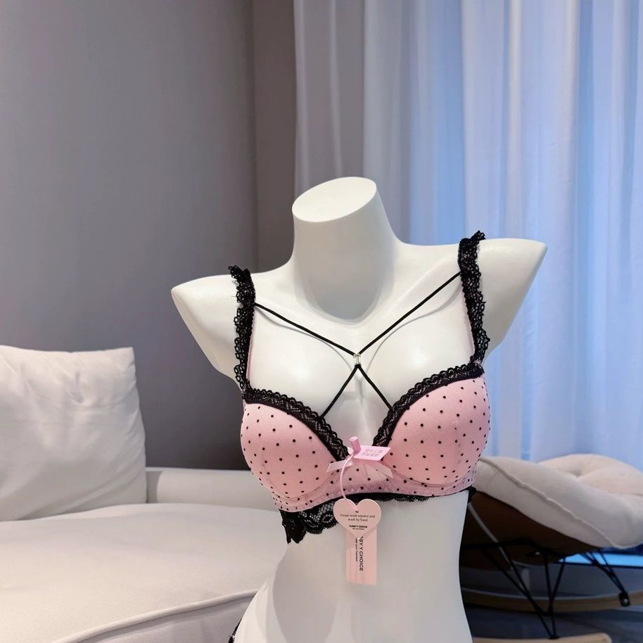 Bộ đồ lót ren chấm bi màu hồng Bộ ngực nhỏ tập hợp