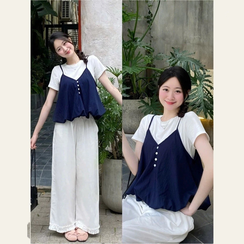 Set Yếm Nữ 2 Dây Dáng Bí Cúc Dọc Kèm Áo Thun Trơn (Có Bán Lẻ Yếm)  MA3807