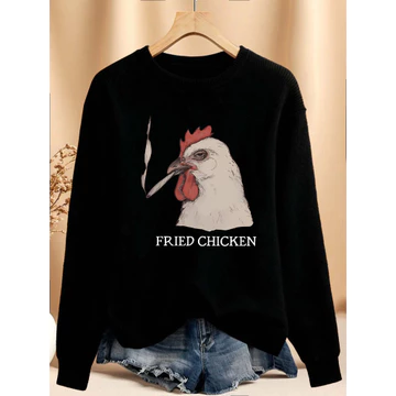 Gà hút thuốc < CHICKEN FRIED} Áo len cổ tròn in hình vui nhộn, Áo len dài tay mùa thu đông dành cho nữ, Áo len nữ phù hợp với phong cách mới giản dị ngộ nghĩnh, Áo len thời trang cổ điển