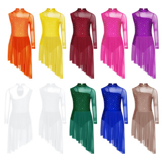Yhong Trẻ Em Bé Gái Bất Đối Xứng Lời Khiêu Vũ Trang Phục Mock Cổ Cutout Sheer Lưới Chắp Vá Sáng Bóng Kim Cương Giả Bên Chia Đầm Khiêu Vũ
