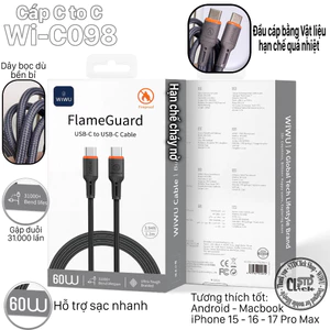 Cáp Sạc C To C WiWU FlameGuard Wi-C098 - Sạc Nhanh PD 60W, Đầu Cáp Và Vỏ Bện Chất Liệu Chống Cháy Tự Dập Lửa