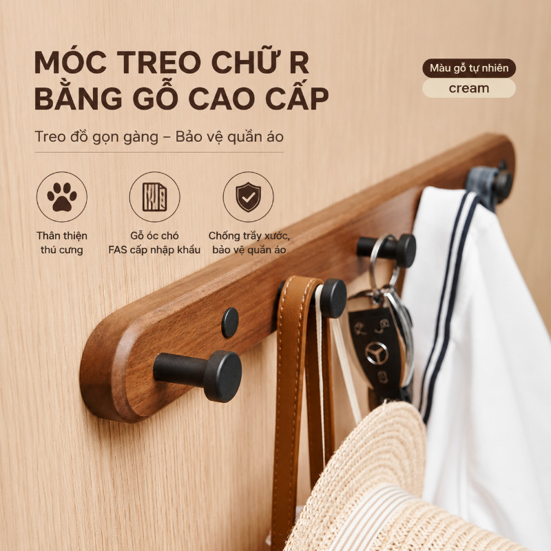 Móc dán tường bằng gỗ óc chó, móc treo tường cao cấp, móc dán treo đồ chắc chắn tiện dụng