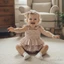 Bé Gái Không Tay Cổ Vuông Kẻ Sọc Xù Lớp Áo Liền Quần Có Nơ Băng Đô