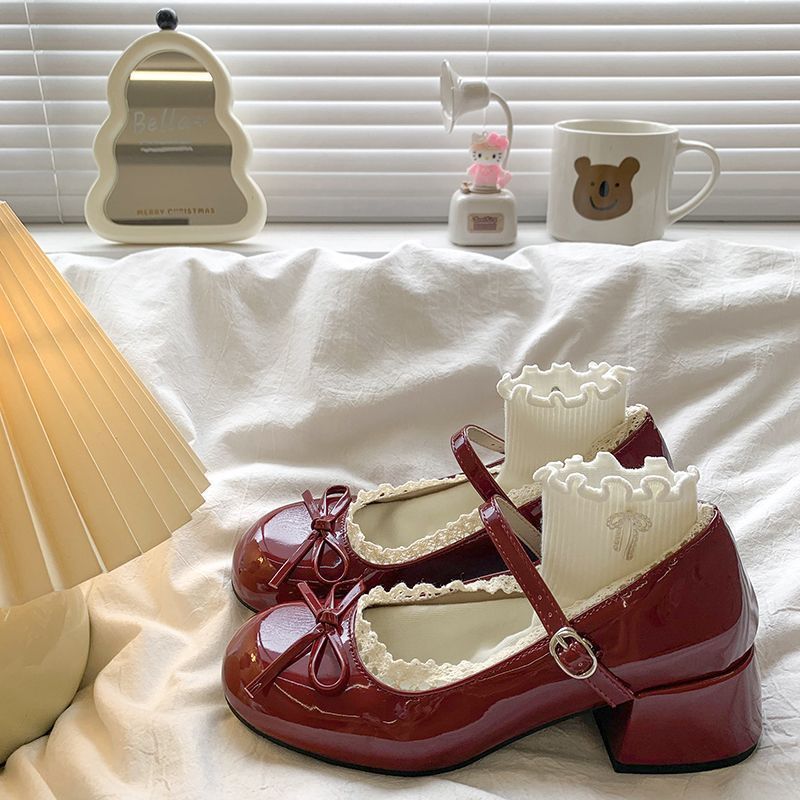 Giày Mary Jane Nữ Gót Cao 4.5cm Da Bóng Đính Nơ Êm Chân Style Ulzzang Hàn Quốc
