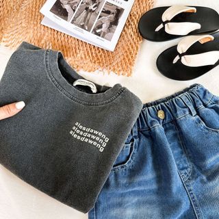 Bé Trai Rửa Nước Đau Khổ Đen Nguyên Chất Cotton Ngắn Tay Áo Thun Đẹp Trai In Chữ Nửa Tay Top